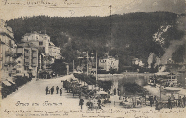 <span class='txt12-gruen'>Gruss aus Brunnen</span><br /><span class='txt12'>Verlag H. Leuthold, Bazar Brunnen / gelaufen, 1902</span><br />