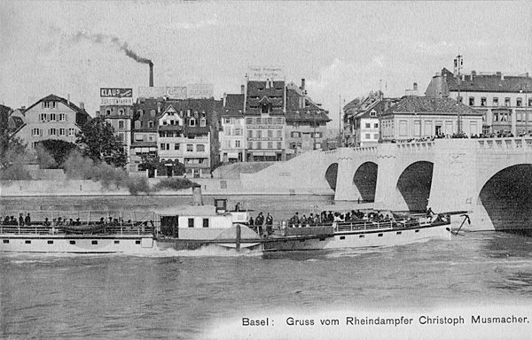 <span class='txt12-gruen'>Basel, Gruss vom Rheindampfer Christoph Musmacher</span><br /><span class='txt12'>J.G. Bucher, Buchhandlung / gelaufen: 6.8.1908</span><br />