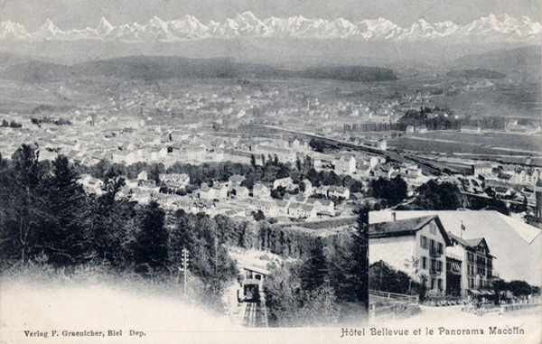 <span class='txt12-gruen'>Hôtel Bellevue et le Panorama Macolin</span><br /><span class='txt12'>Verlag F. Graenicher, Biel Dep. / gelaufen, 1904</span><br />