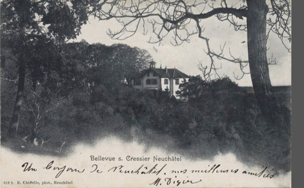 <span class='txt12-gruen'>Bellevue s. Cressier Neuchâtel</span><br /><span class='txt12'>Phot. F. Chiffelle / gelaufen, 1910</span><br />