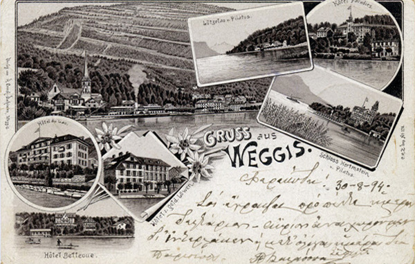 <span class='txt12-gruen'>GRUSS aus WEGGIS.</span><br /><span class='txt12'>Verlag von R. Urech-Dahinden, Weggis / gelaufen, 31.8.1894 nach Ägypten; 6.9.1894</span><br />