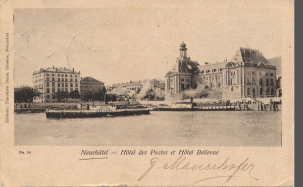 <span class='txt12-gruen'>Neuchâtel – Hôtel des Postes et Hôtel Bellevue</span><br /><span class='txt12'>Ed. Timothée Jacot / gelaufen,  1901</span><br />