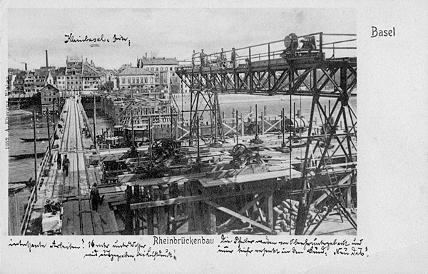 <span class='txt12-gruen'>Basel, Rheinbrückenbau</span><br /><span class='txt12'>Foto: A. Eberenz, Riehen / ca. 1904, ungelaufen</span><br />