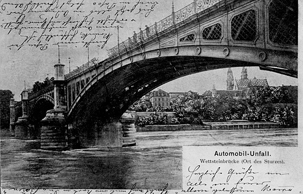 <span class='txt12-gruen'>Automobil-Unfall Wettsteinbrücke</span><br /><span class='txt12'>Foto: Rigg / gelaufen: 1.8.1903</span><br />
