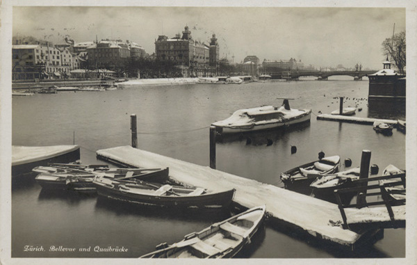 <span class='txt12-gruen'>Zürich. Bellevue und Quaibrücke</span><br /><span class='txt12'>Edition Photoblob, Zürich / gelaufen, 1935</span><br />