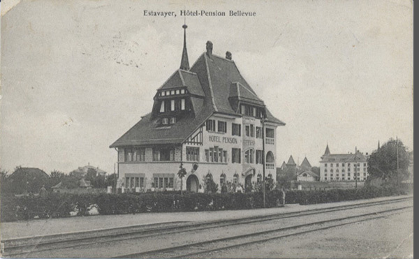 <span class='txt12-gruen'>Estavayer, Hôtel-Pension Bellevue</span><br /><span class='txt12'>Ed. Paul Jaunin / gelaufen, 1908</span><br />