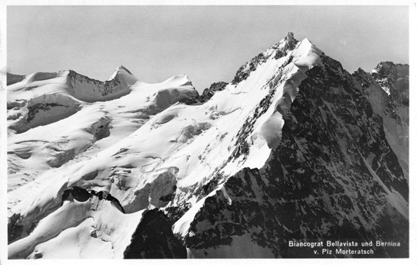 <span class='txt12-gruen'>Biancograt Bellavista und Bernina v. Piz Morteratsch</span><br /><span class='txt12'>Photoglob-Wehrli & Vouge & Co. A.G., Zürich / gelaufen, 1941</span><br />
