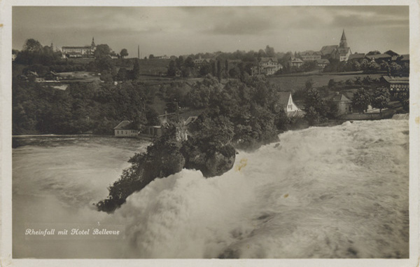 <span class='txt12-gruen'>Rheinfall mit Hotel Bellevue</span><br /><span class='txt12'>Verlag E. Brütsch, Papet., Neuhausen / gelaufen, 1930</span><br />