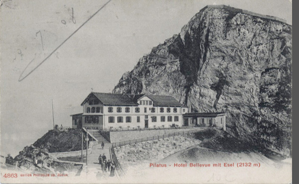 <span class='txt12-gruen'>Pilatus - Hotel Bellevue mit Esel (2132 m)</span><br /><span class='txt12'>Ed. Photoglob / gelaufen, 1908</span><br />