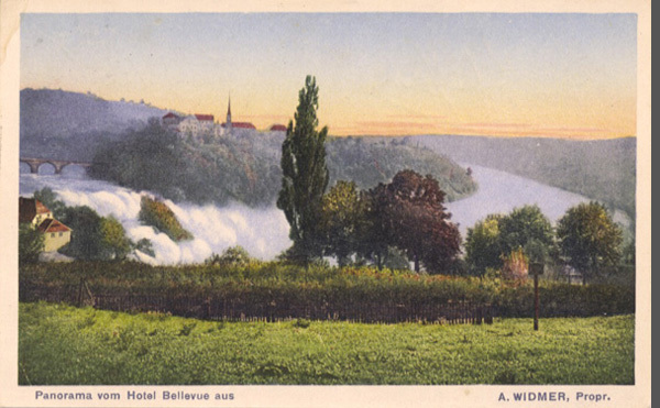 <span class='txt12-gruen'>Panorama vom Hotel Bellevue aus</span><br /><span class='txt12'>A. Trüb&Cie,  Aarau / gelaufen, 1928</span><br />