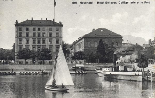 <span class='txt12-gruen'>Neuchâtel - Hôtel Bellevue, Collège latin et le Port </span><br /><span class='txt12'>Maison T. Jacot W. Bous, éditeurs, Neuchâtel / gelaufen, 1911</span><br />